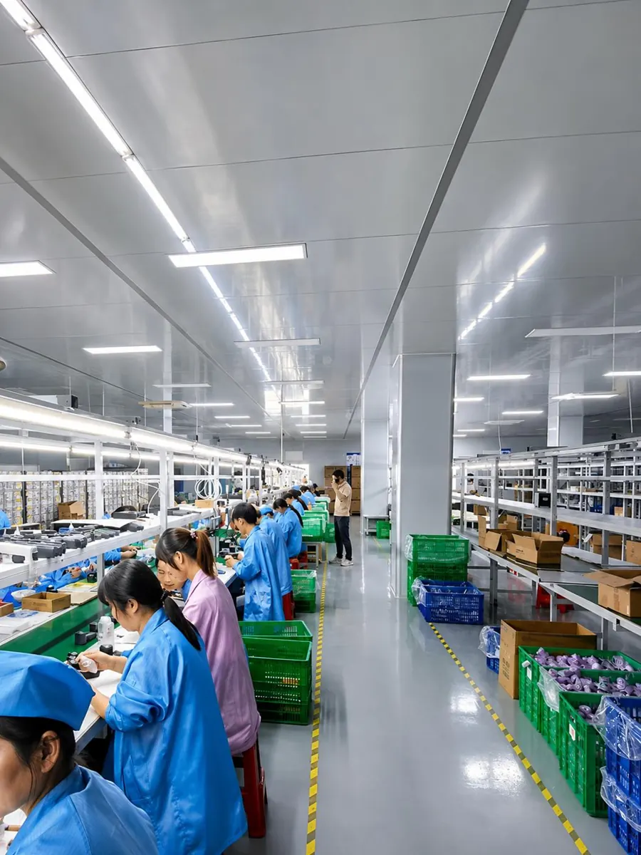 Assembly line workers at the electronics production line